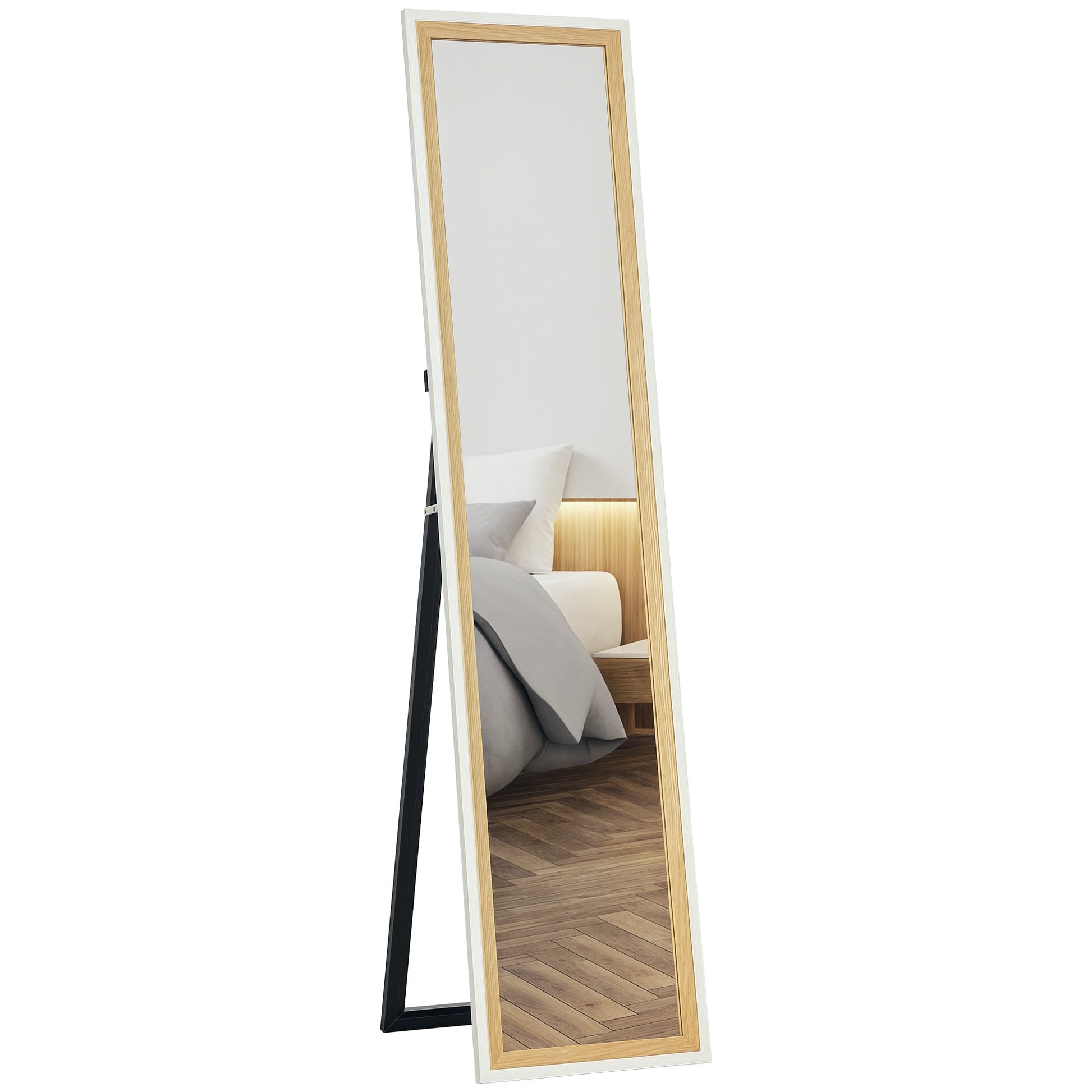 Full-Length Mirror 157x37 cm Floor or Wall Mirror with MDF Frame and Stand for Bedroom Living Room White and Dark Natural