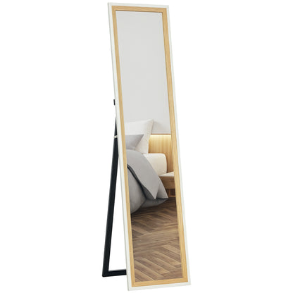 Full-Length Mirror 157x37 cm Floor or Wall Mirror with MDF Frame and Stand for Bedroom Living Room White and Dark Natural