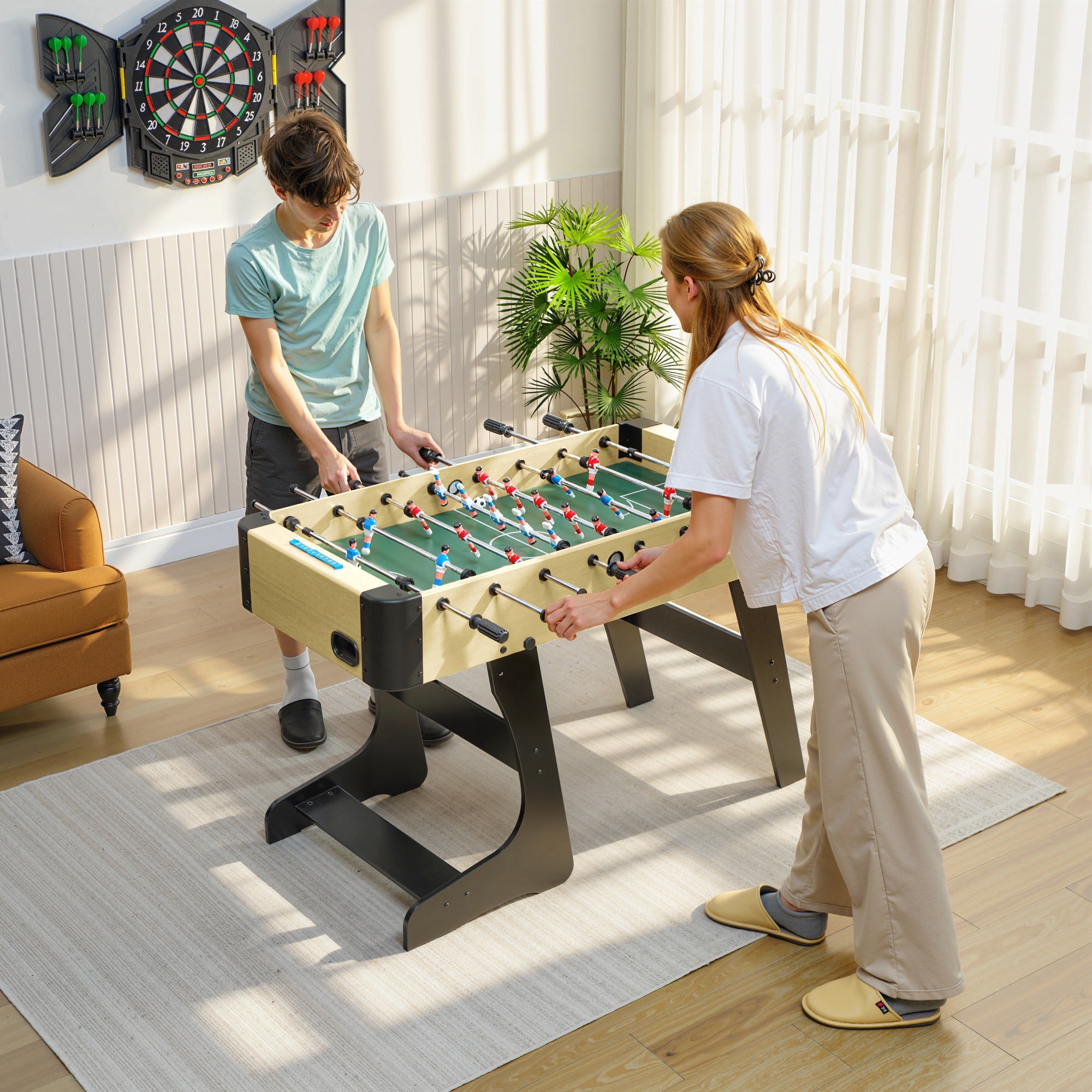 SPORTNOW Folding Kids Foosball Table, Wood-Effect Finish, 2 Scorekeepers, 8 Handles, 22 Players, 8 Rods, 2 Balls — For 2–4 Players, Families & Parties — 118 × 107.5 × 78 cm (46.5 × 42.3 × 30.7 in), Natural