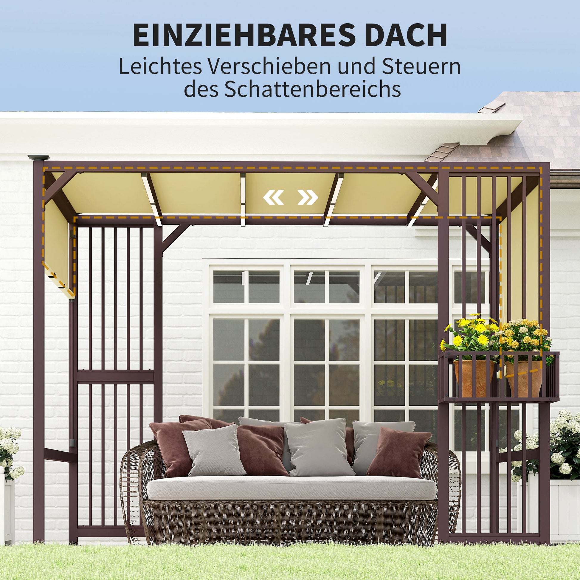 Pergola Pavilion 3x2.5m UV 30+ Stable Winterproof Sun Protection with Adjustable Sliding Roof Privacy Screen Planters Freestanding Garden Pavilion Terrace Cover for Garden Balcony Dark Brown