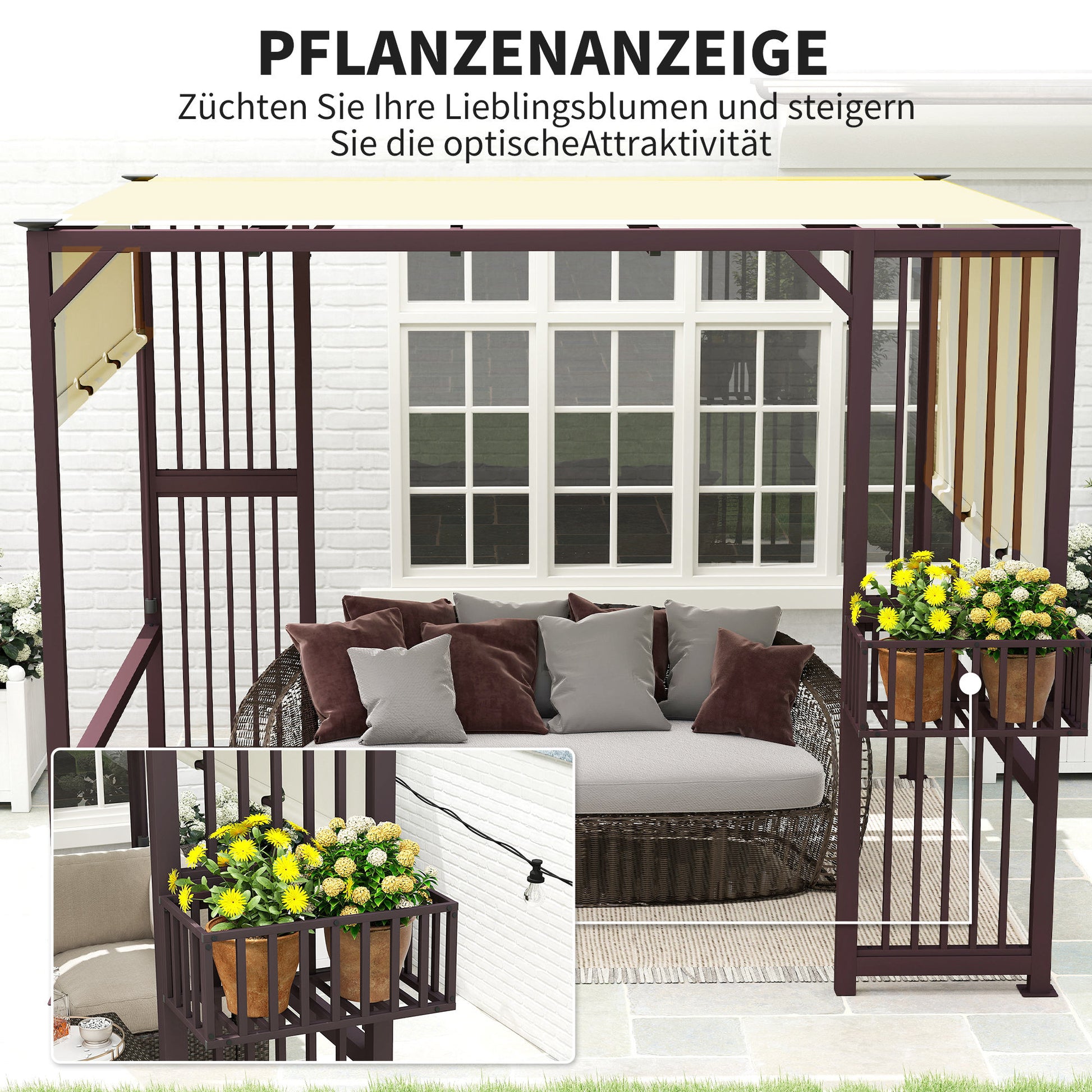 Pergola Pavilion 3x2.5m UV 30+ Stable Winterproof Sun Protection with Adjustable Sliding Roof Privacy Screen Planters Freestanding Garden Pavilion Terrace Cover for Garden Balcony Dark Brown