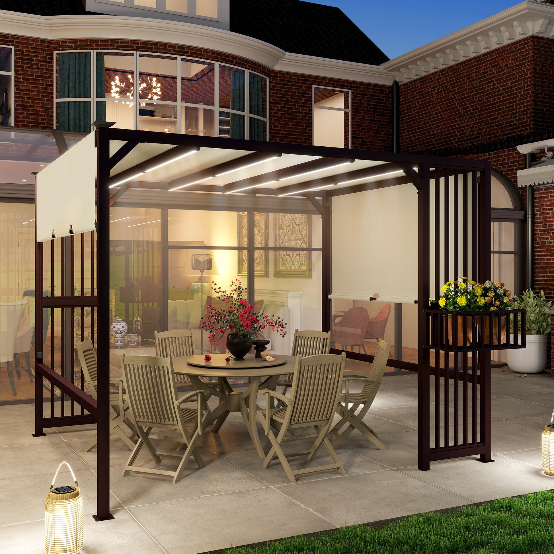 Pergola Pavilion 3x2.5m UV 30+ Stable Winterproof Sun Protection with Adjustable Sliding Roof Privacy Screen Planters Freestanding Garden Pavilion Terrace Cover for Garden Balcony Dark Brown