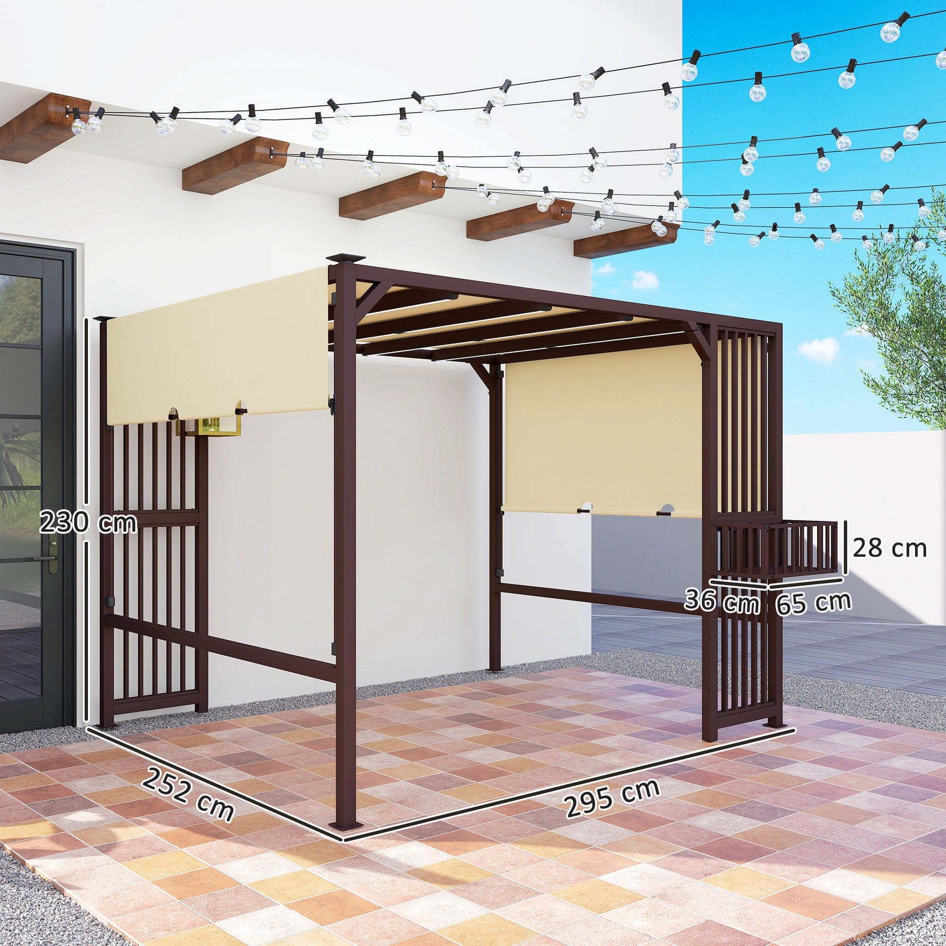 Pergola Pavilion 3x2.5m UV 30+ Stable Winterproof Sun Protection with Adjustable Sliding Roof Privacy Screen Planters Freestanding Garden Pavilion Terrace Cover for Garden Balcony Dark Brown