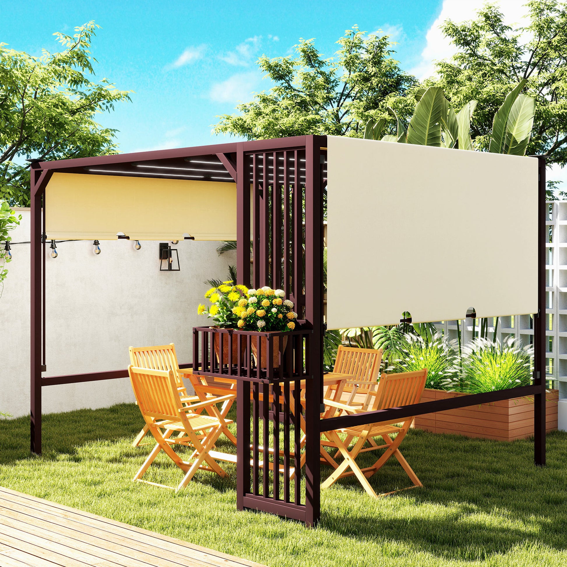 Pergola Pavilion 3x2.5m UV 30+ Stable Winterproof Sun Protection with Adjustable Sliding Roof Privacy Screen Planters Freestanding Garden Pavilion Terrace Cover for Garden Balcony Dark Brown