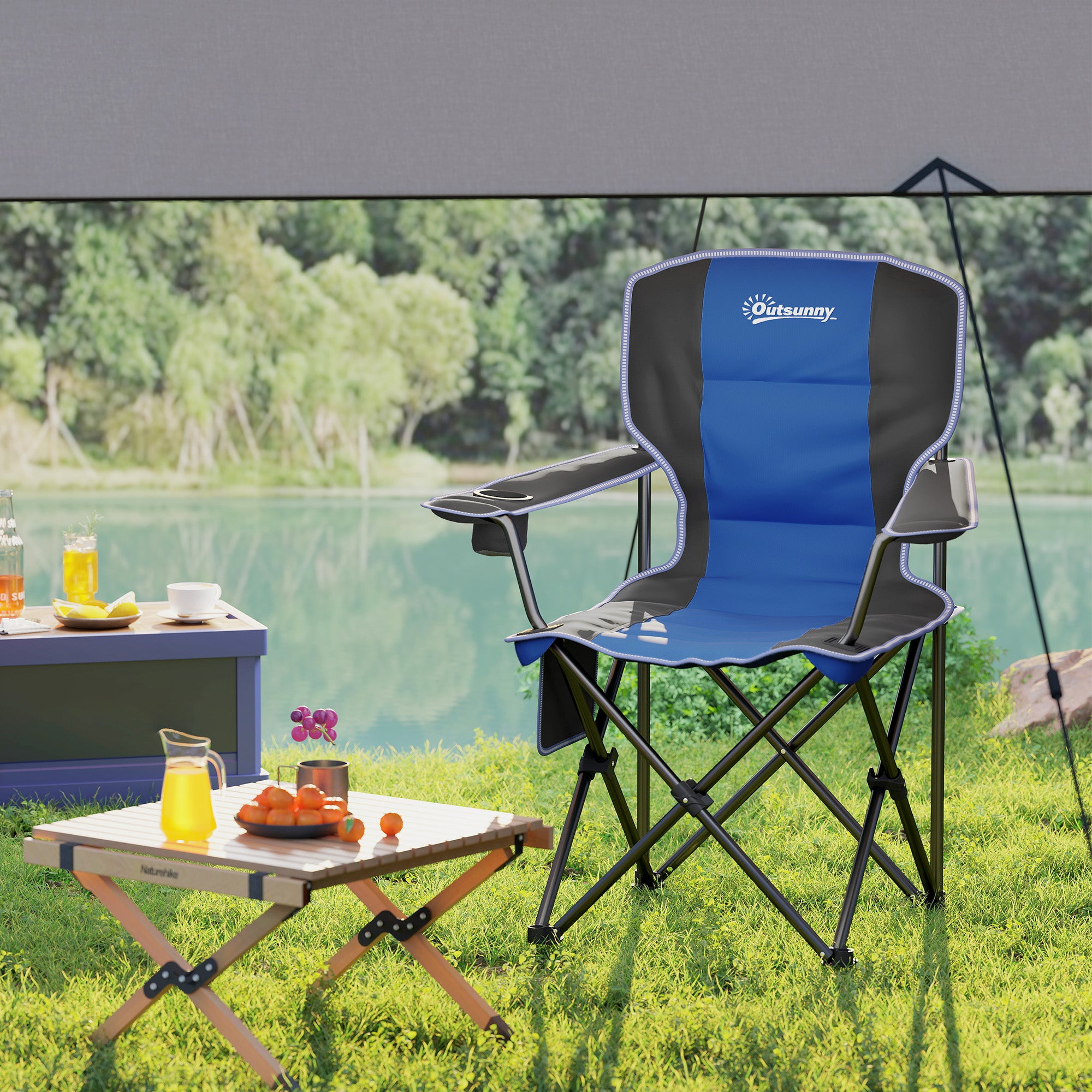 Folding Camping Chair with Side Pocket and Cup Holder, Garden Chair in Oxford Fabric and Metal, Up to 120 kg, 94x62x110 cm, Blue