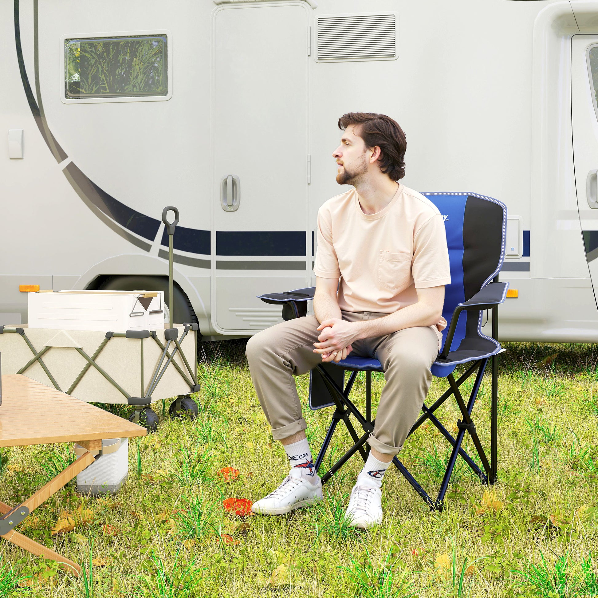 Folding Camping Chair with Side Pocket and Cup Holder, Garden Chair in Oxford Fabric and Metal, Up to 120 kg, 94x62x110 cm, Blue