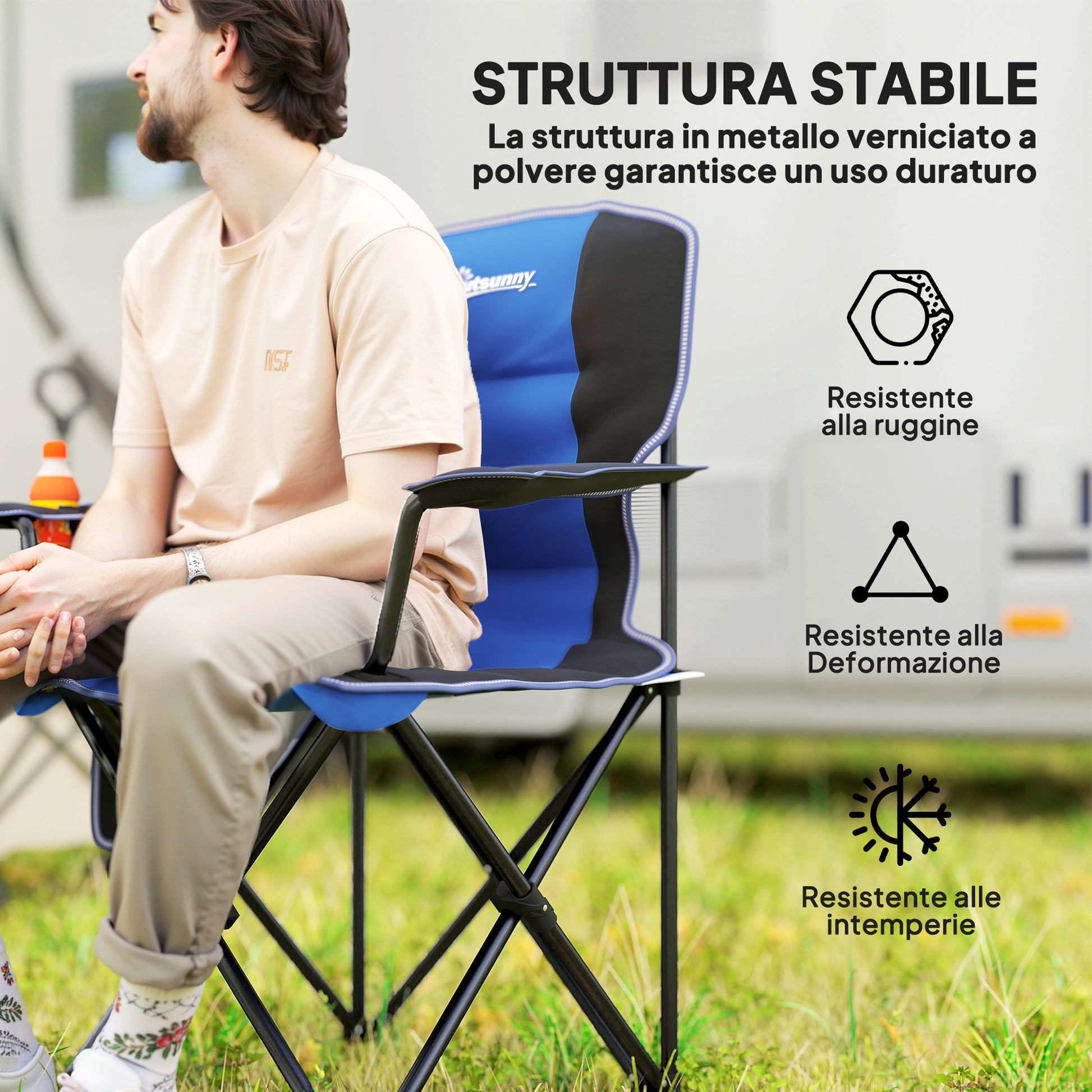 Folding Camping Chair with Side Pocket and Cup Holder, Garden Chair in Oxford Fabric and Metal, Up to 120 kg, 94x62x110 cm, Blue