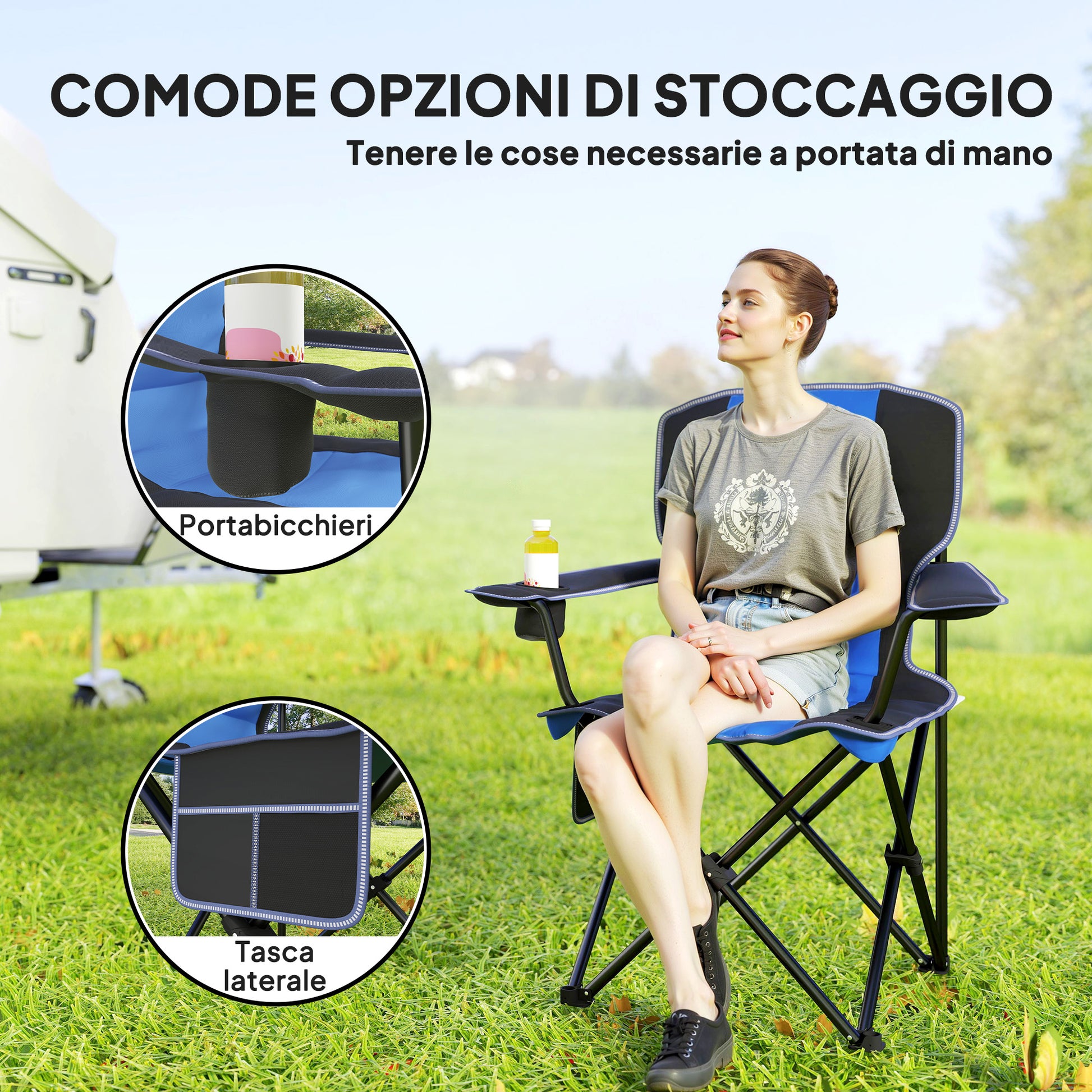 Folding Camping Chair with Side Pocket and Cup Holder, Garden Chair in Oxford Fabric and Metal, Up to 120 kg, 94x62x110 cm, Blue