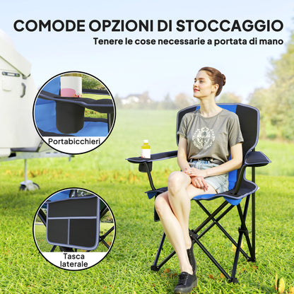 Folding Camping Chair with Side Pocket and Cup Holder, Garden Chair in Oxford Fabric and Metal, Up to 120 kg, 94x62x110 cm, Blue
