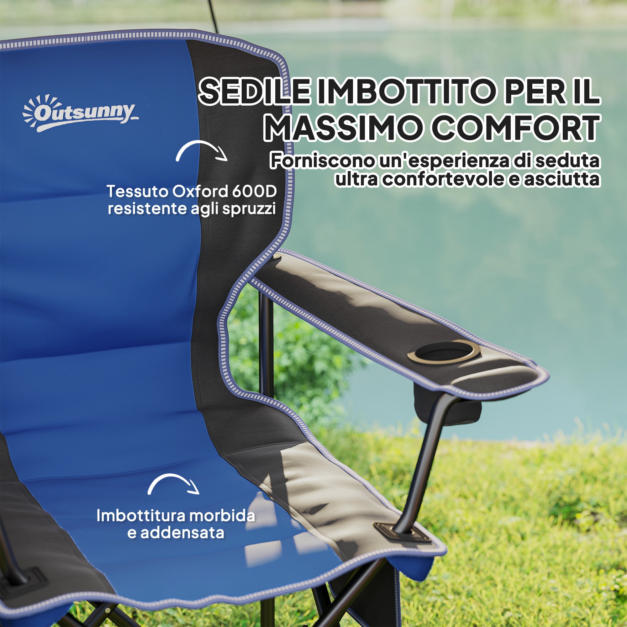 Folding Camping Chair with Side Pocket and Cup Holder, Garden Chair in Oxford Fabric and Metal, Up to 120 kg, 94x62x110 cm, Blue