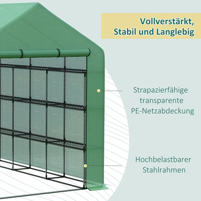 Walk-in Greenhouse with 8 Shelf Levels Tomato Greenhouse Green Steel PE Plastic 244 x 180 x 210 cm