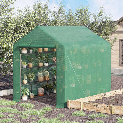 Walk-in Greenhouse with 8 Shelf Levels Tomato Greenhouse Green Steel PE Plastic 244 x 180 x 210 cm