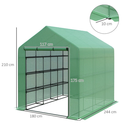 Walk-in Greenhouse with 8 Shelf Levels Tomato Greenhouse Green Steel PE Plastic 244 x 180 x 210 cm