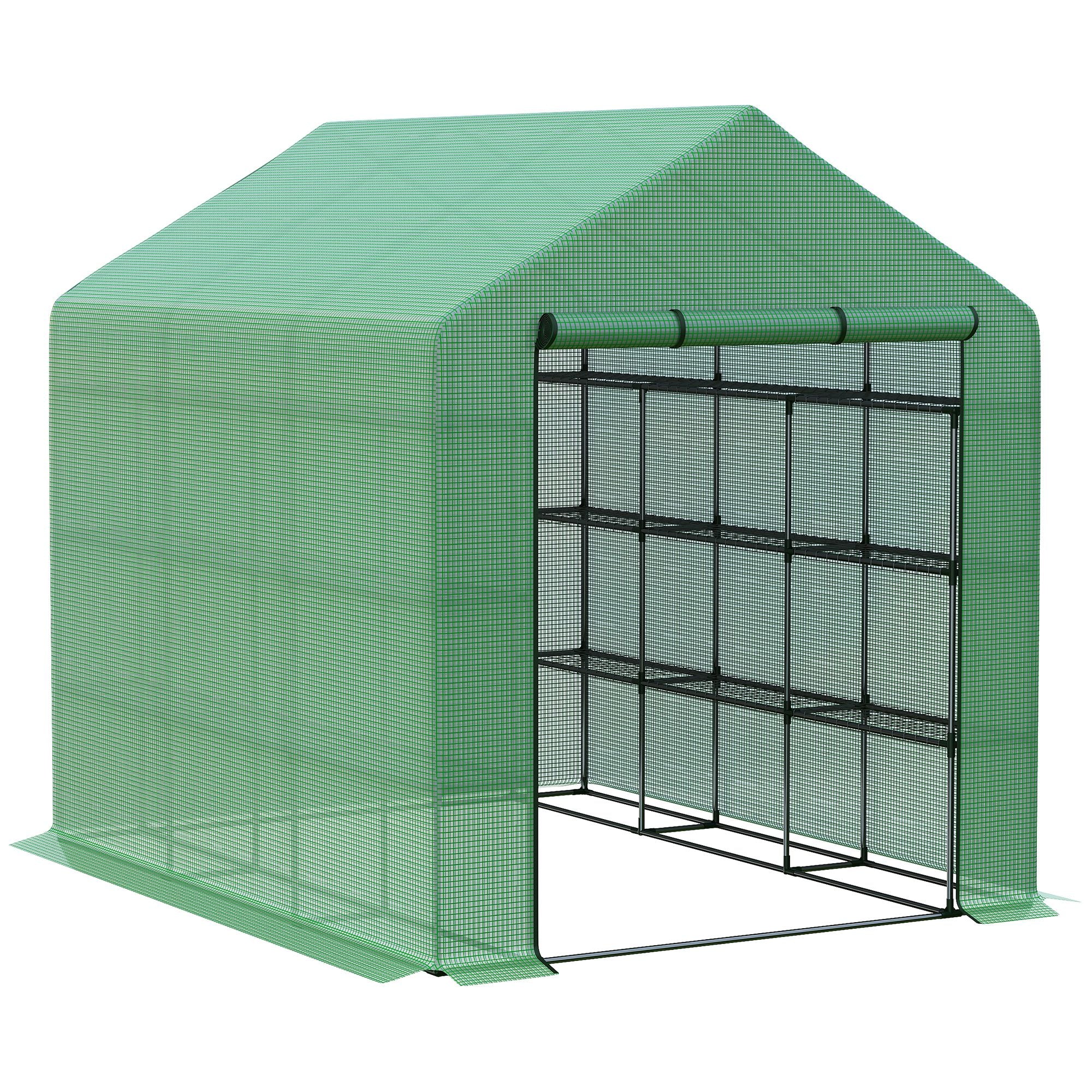 Walk-in Greenhouse with 8 Shelf Levels Tomato Greenhouse Green Steel PE Plastic 244 x 180 x 210 cm