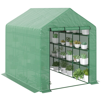 Walk-in Greenhouse with 8 Shelf Levels Tomato Greenhouse Green Steel PE Plastic 244 x 180 x 210 cm