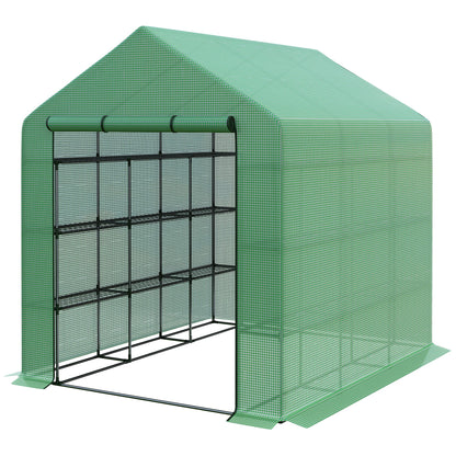 Walk-in Greenhouse with 8 Shelf Levels Tomato Greenhouse Green Steel PE Plastic 244 x 180 x 210 cm