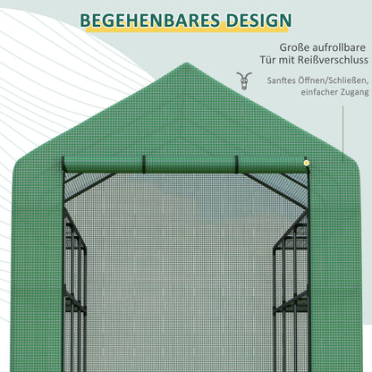 Walk-in Greenhouse with 8 Shelf Levels Tomato Greenhouse Green Steel PE Plastic 244 x 180 x 210 cm