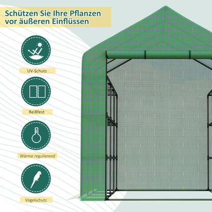 Walk-in Greenhouse with 8 Shelf Levels Tomato Greenhouse Green Steel PE Plastic 244 x 180 x 210 cm