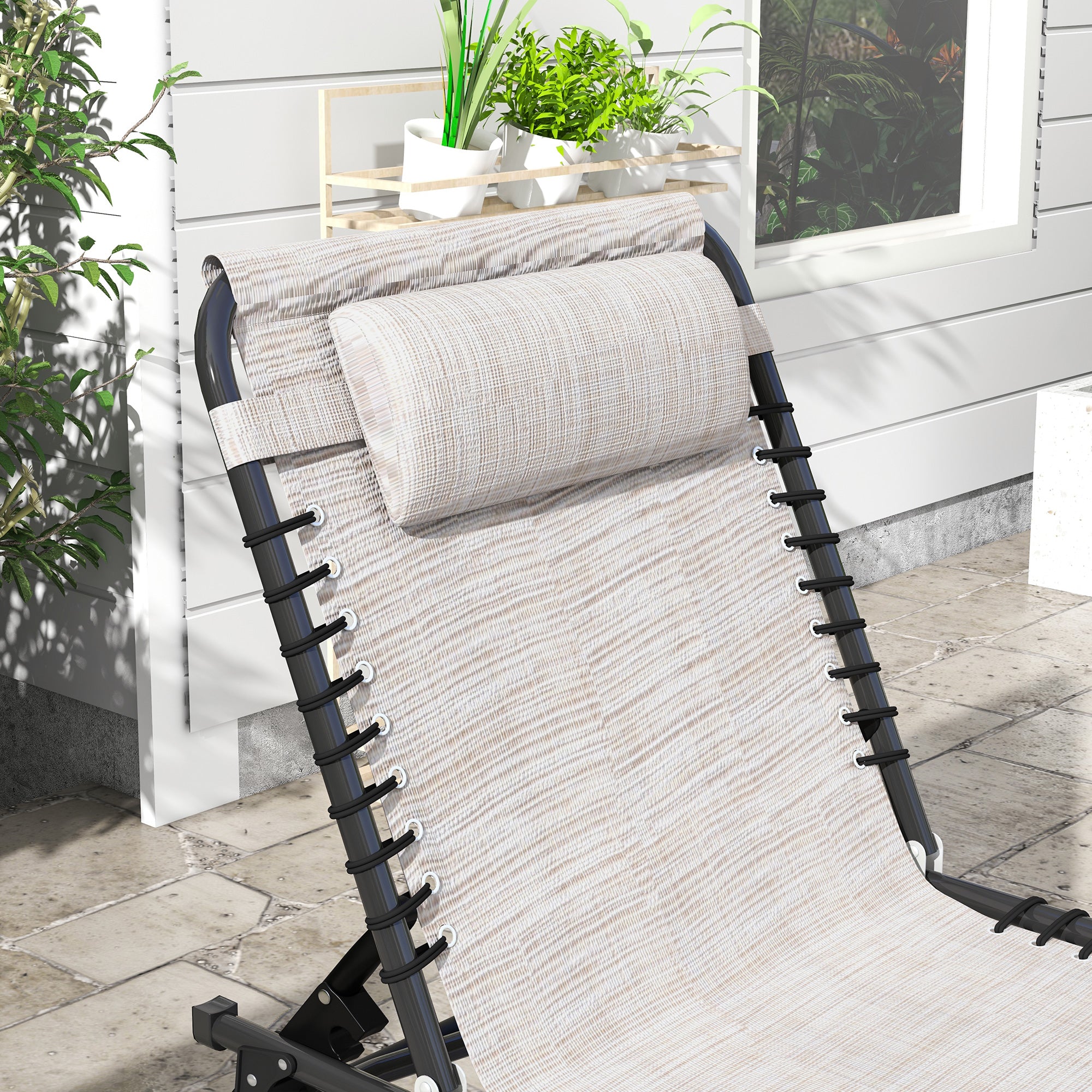 Set of 2 Folding Sun Loungers with Multiple Adjustable Positions Steel Thermoplastic Elastic Cords Black Textilene Cream
