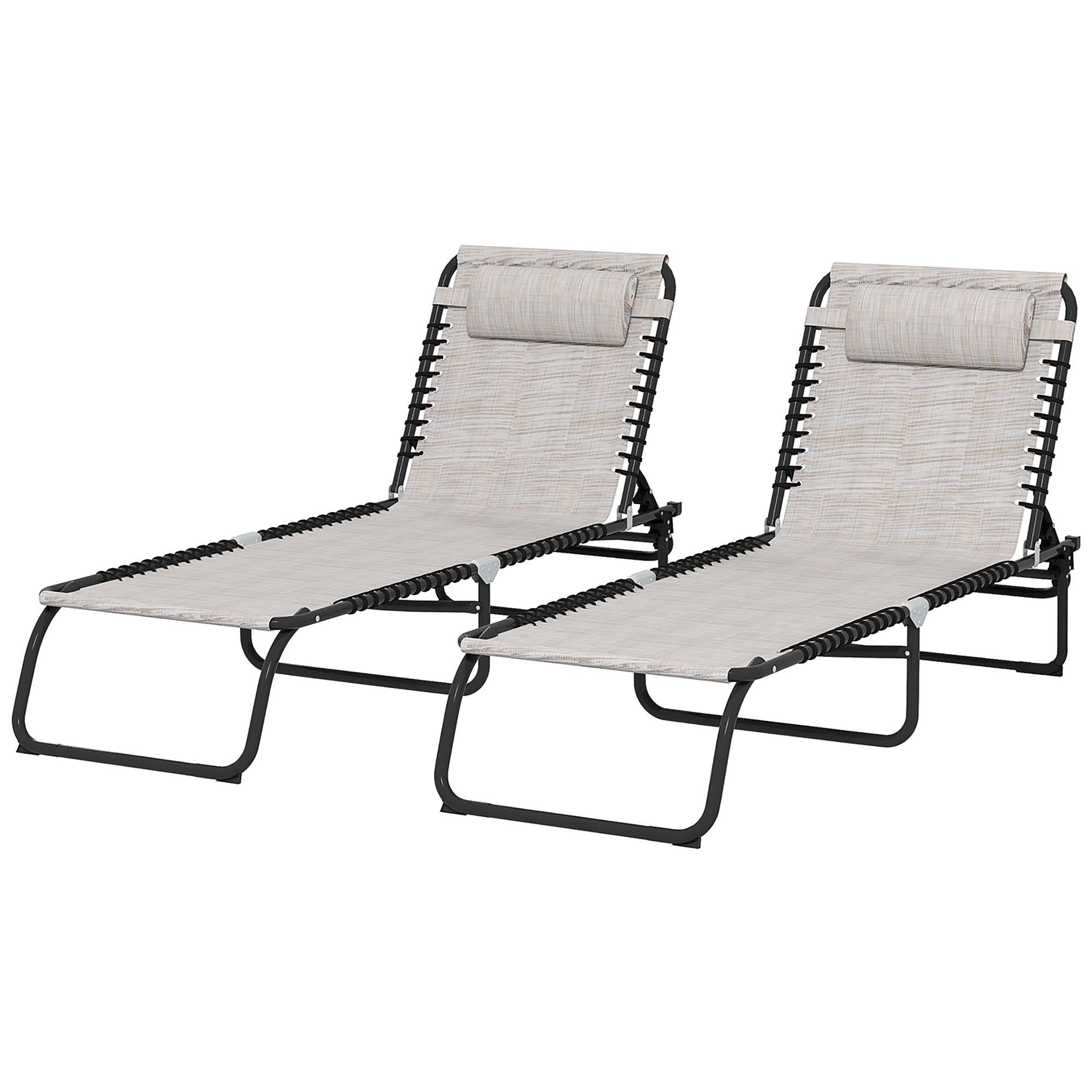 Set of 2 Folding Sun Loungers with Multiple Adjustable Positions Steel Thermoplastic Elastic Cords Black Textilene Cream