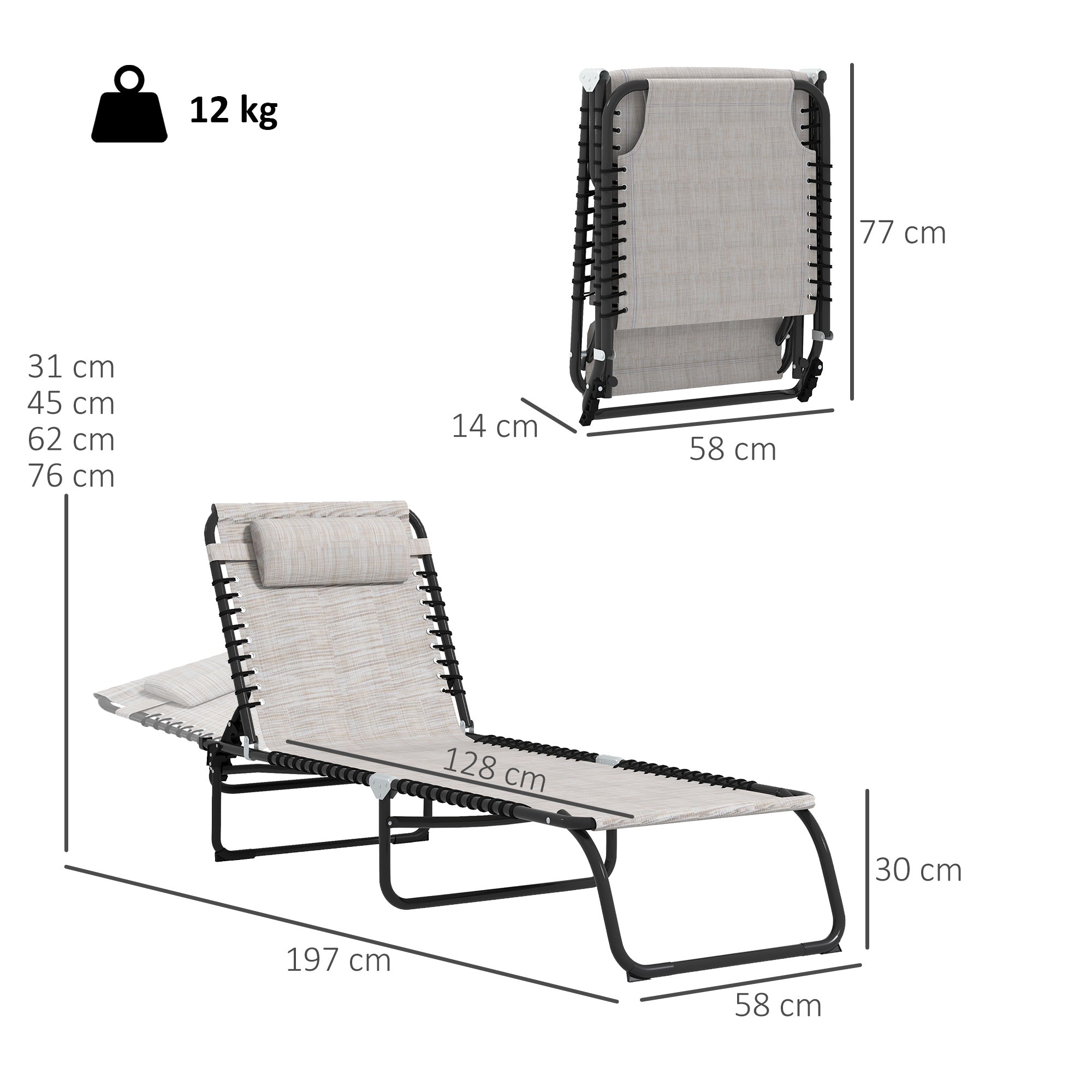 Set of 2 Folding Sun Loungers with Multiple Adjustable Positions Steel Thermoplastic Elastic Cords Black Textilene Cream