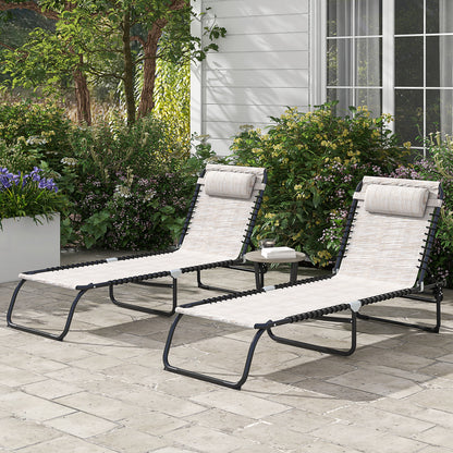 Set of 2 Folding Sun Loungers with Multiple Adjustable Positions Steel Thermoplastic Elastic Cords Black Textilene Cream