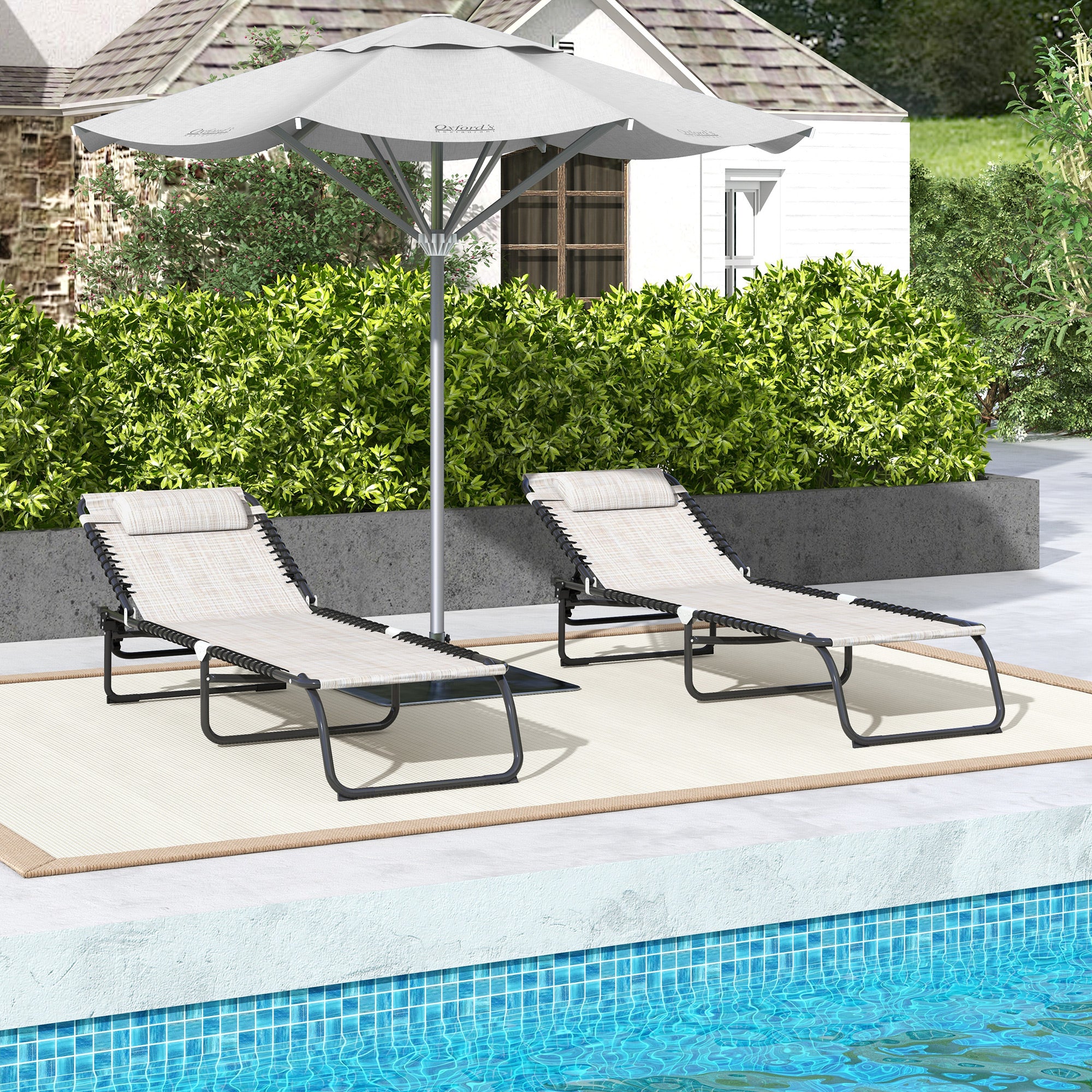 Set of 2 Folding Sun Loungers with Multiple Adjustable Positions Steel Thermoplastic Elastic Cords Black Textilene Cream