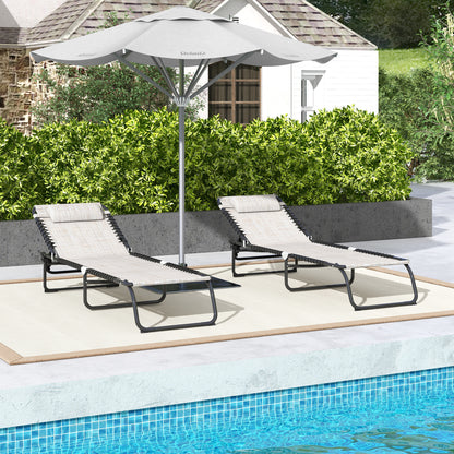 Set of 2 Folding Sun Loungers with Multiple Adjustable Positions Steel Thermoplastic Elastic Cords Black Textilene Cream