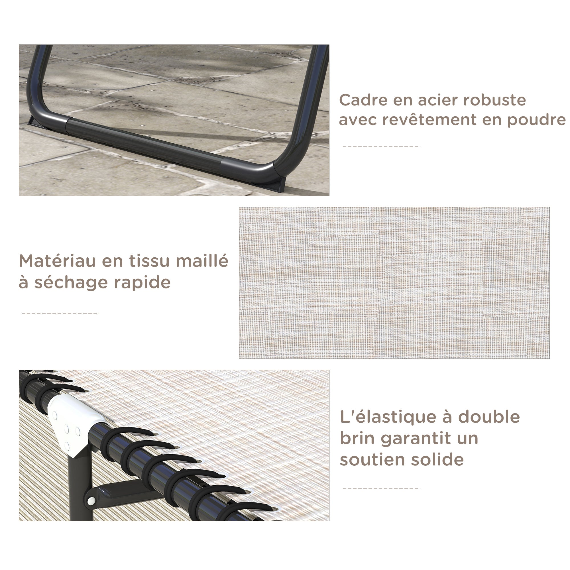 Set of 2 Folding Sun Loungers with Multiple Adjustable Positions Steel Thermoplastic Elastic Cords Black Textilene Cream