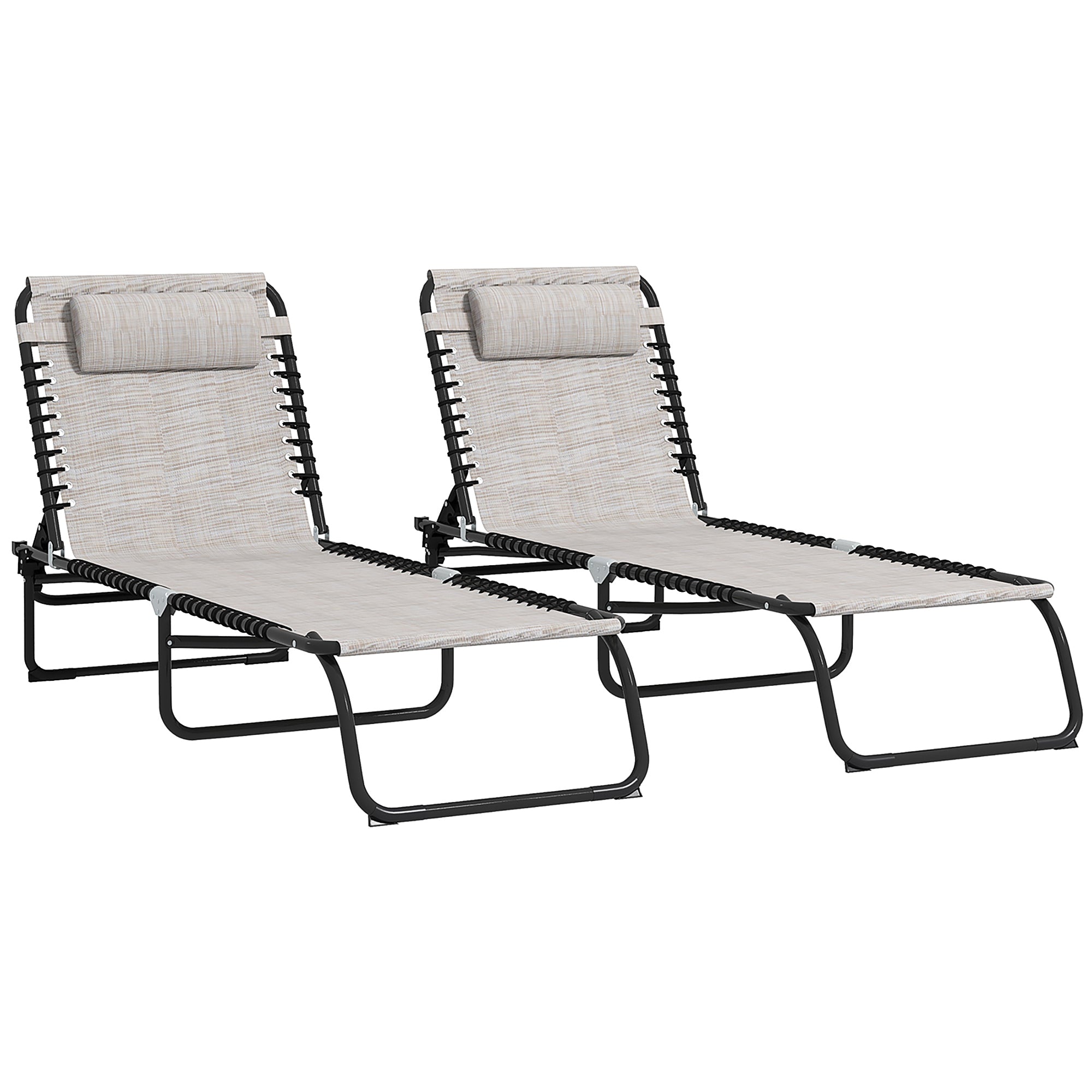 Set of 2 Folding Sun Loungers with Multiple Adjustable Positions Steel Thermoplastic Elastic Cords Black Textilene Cream