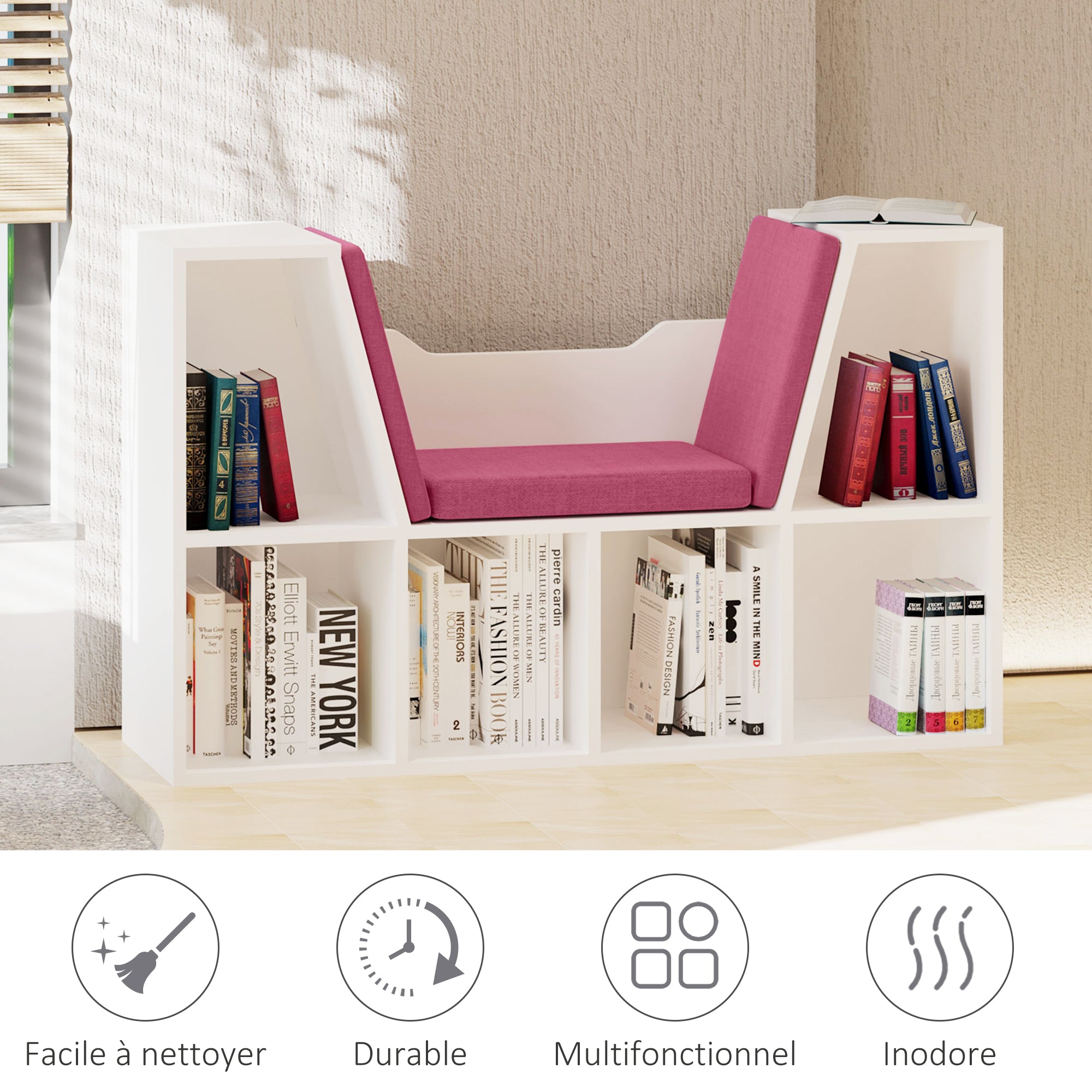 Contemporary Design 2-in-1 Bookshelf Bench 6 Compartments 3 Cushions Included 102L x 30W x 61H cm White Pink