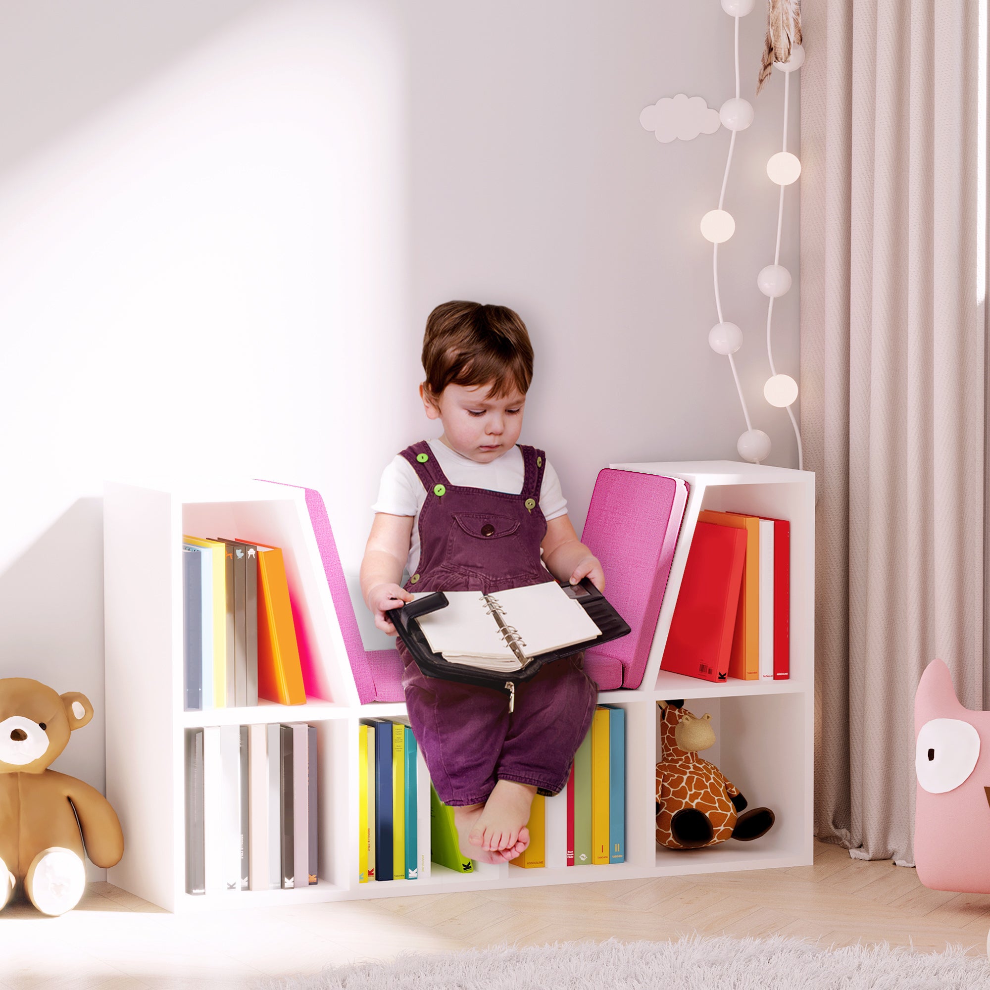 Contemporary Design 2-in-1 Bookshelf Bench 6 Compartments 3 Cushions Included 102L x 30W x 61H cm White Pink