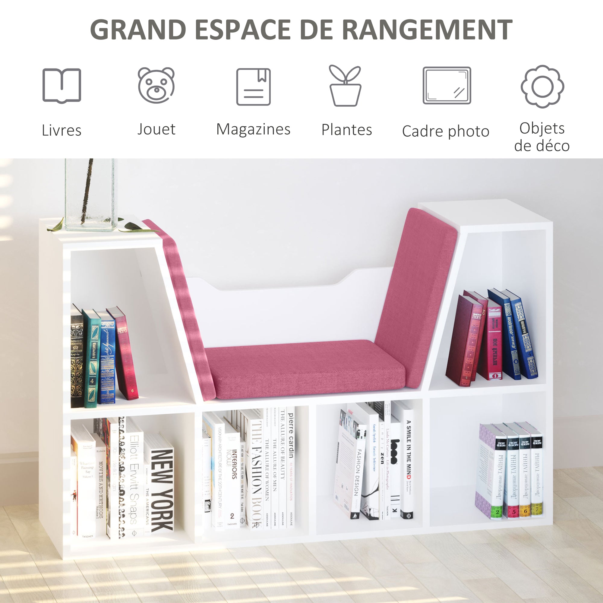 Contemporary Design 2-in-1 Bookshelf Bench 6 Compartments 3 Cushions Included 102L x 30W x 61H cm White Pink