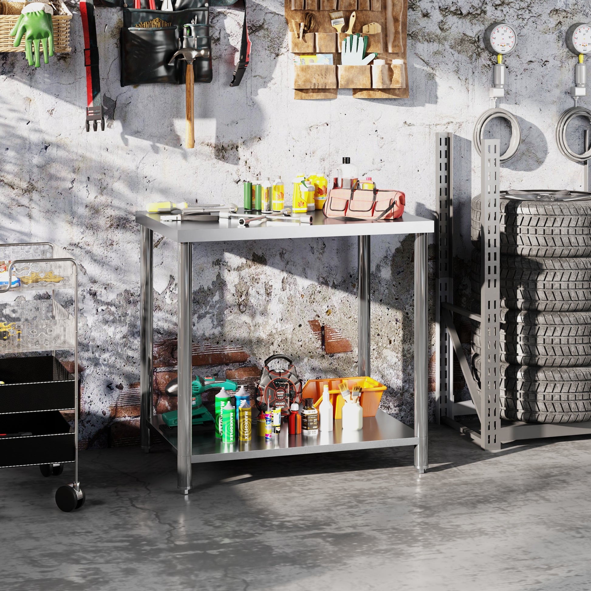 Stainless Steel Work Table Preparation Table Kitchen Table 2 Shelves, Kitchen Workbench, Garage, Garden, 90 x 60 x 86 cm, Silver
