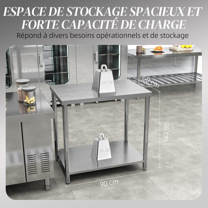 Stainless Steel Work Table Preparation Table Kitchen Table 2 Shelves, Kitchen Workbench, Garage, Garden, 90 x 60 x 86 cm, Silver