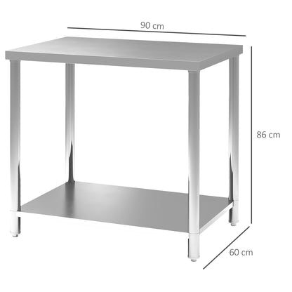 Stainless Steel Work Table Preparation Table Kitchen Table 2 Shelves, Kitchen Workbench, Garage, Garden, 90 x 60 x 86 cm, Silver