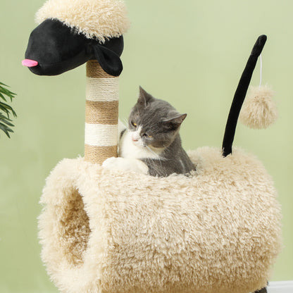 Cat Tree 98 cm Scratching Post with Tunnel, Play Ball, Cat Scratching Tree in Sheep Design, for Cats up to 5 kg, Light Brown