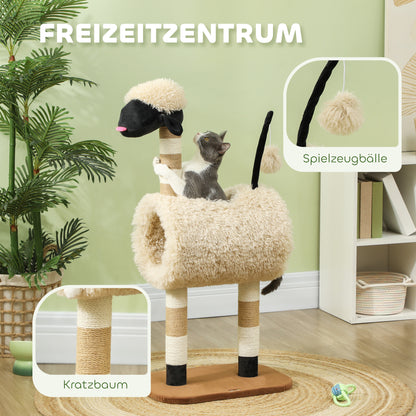 Cat Tree 98 cm Scratching Post with Tunnel, Play Ball, Cat Scratching Tree in Sheep Design, for Cats up to 5 kg, Light Brown