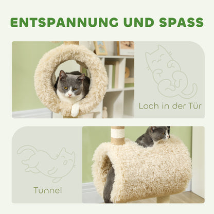 Cat Tree 98 cm Scratching Post with Tunnel, Play Ball, Cat Scratching Tree in Sheep Design, for Cats up to 5 kg, Light Brown