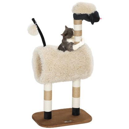 Cat Tree 98 cm Scratching Post with Tunnel, Play Ball, Cat Scratching Tree in Sheep Design, for Cats up to 5 kg, Light Brown