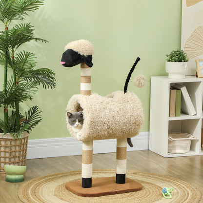 Cat Tree 98 cm Scratching Post with Tunnel, Play Ball, Cat Scratching Tree in Sheep Design, for Cats up to 5 kg, Light Brown