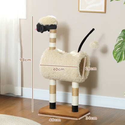 Cat Tree 98 cm Scratching Post with Tunnel, Play Ball, Cat Scratching Tree in Sheep Design, for Cats up to 5 kg, Light Brown