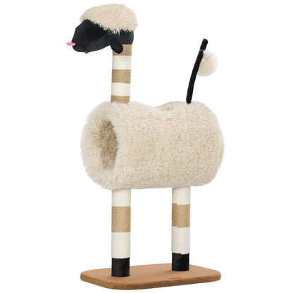Cat Tree 98 cm Scratching Post with Tunnel, Play Ball, Cat Scratching Tree in Sheep Design, for Cats up to 5 kg, Light Brown