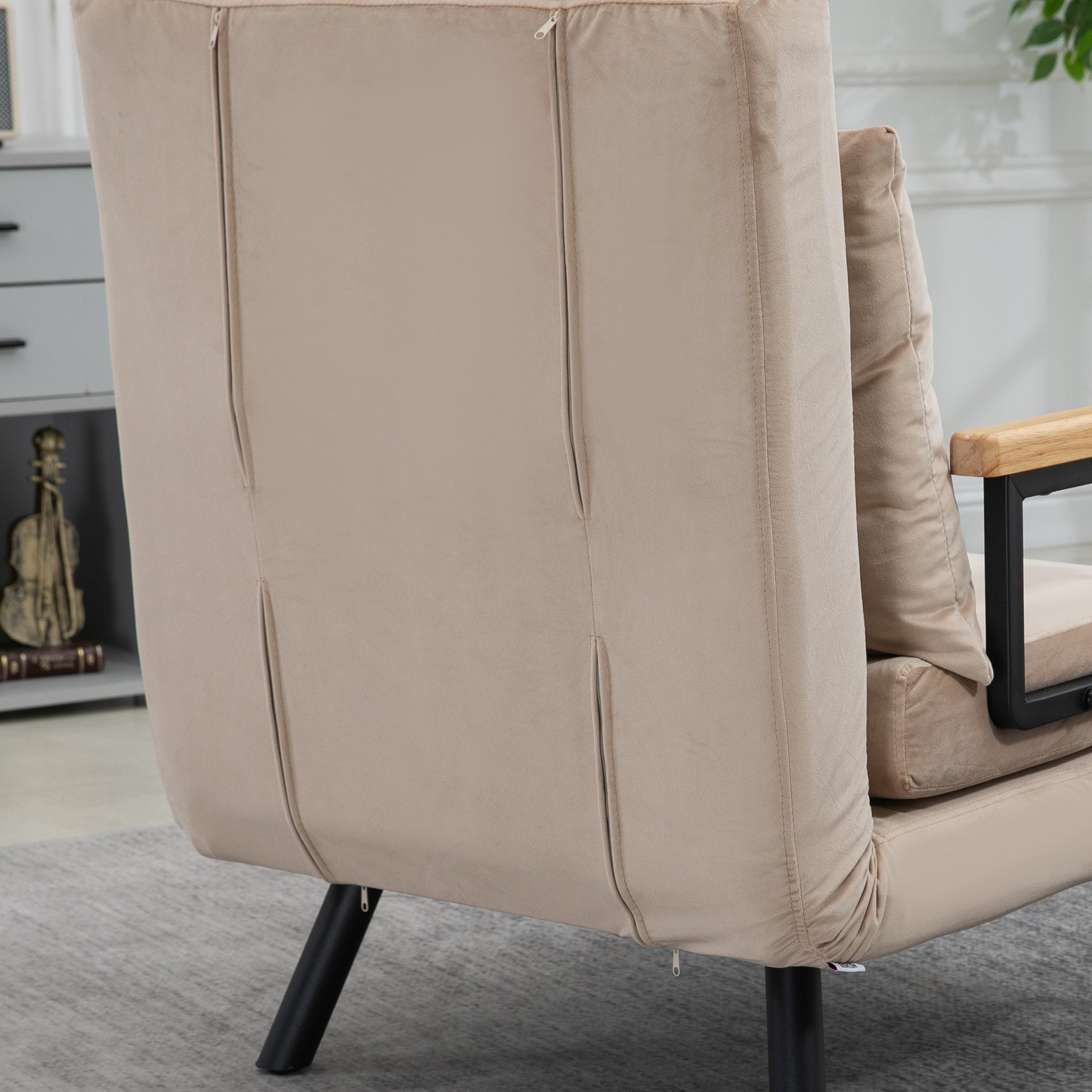 Sleeper Sofa, Folding Bed with Bed Function, Recliner with Back Cushion, Upholstered Sofa with Adjustable Backrest, Velvet Look, 63 x 73 x 81 cm, Beige