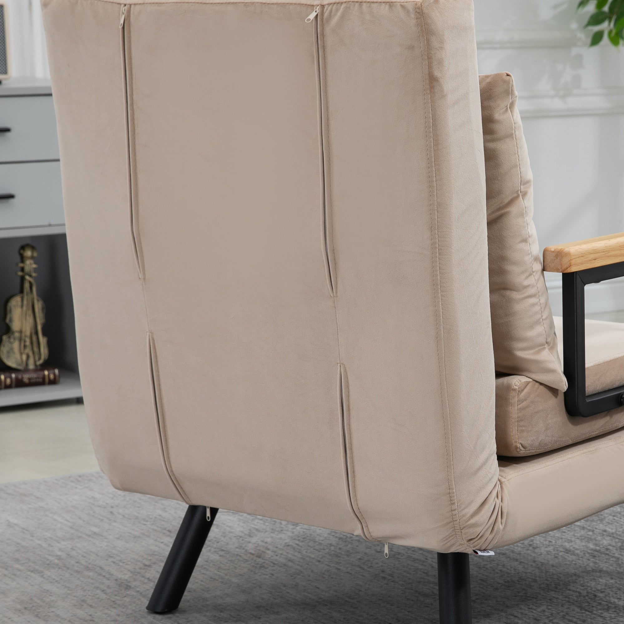 Sleeper Sofa, Folding Bed with Bed Function, Recliner with Back Cushion, Upholstered Sofa with Adjustable Backrest, Velvet Look, 63 x 73 x 81 cm, Beige