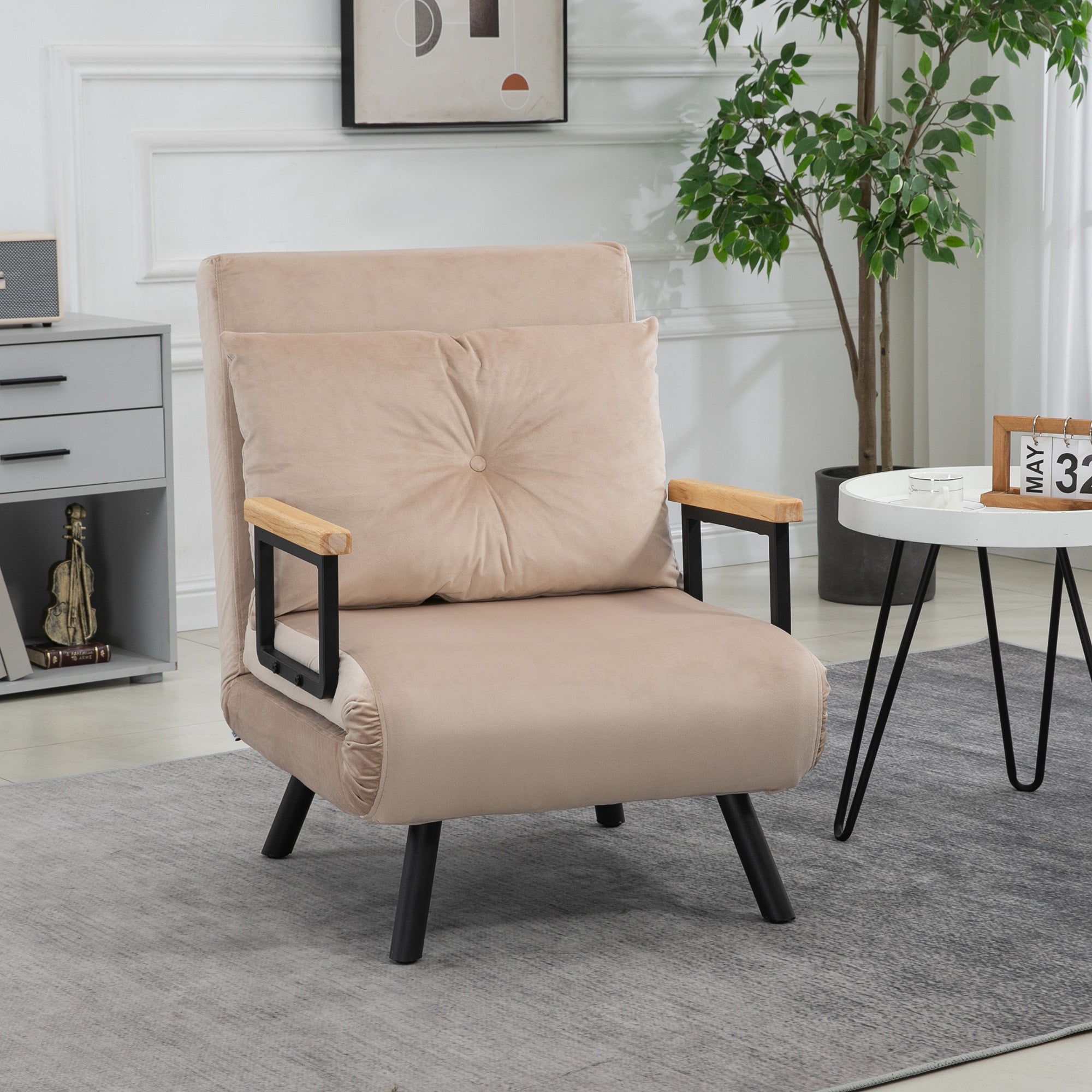 Sleeper Sofa, Folding Bed with Bed Function, Recliner with Back Cushion, Upholstered Sofa with Adjustable Backrest, Velvet Look, 63 x 73 x 81 cm, Beige