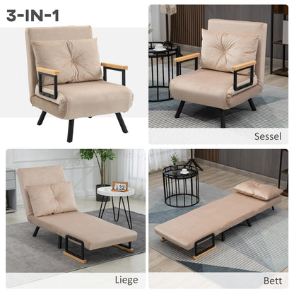 Sleeper Sofa, Folding Bed with Bed Function, Recliner with Back Cushion, Upholstered Sofa with Adjustable Backrest, Velvet Look, 63 x 73 x 81 cm, Beige