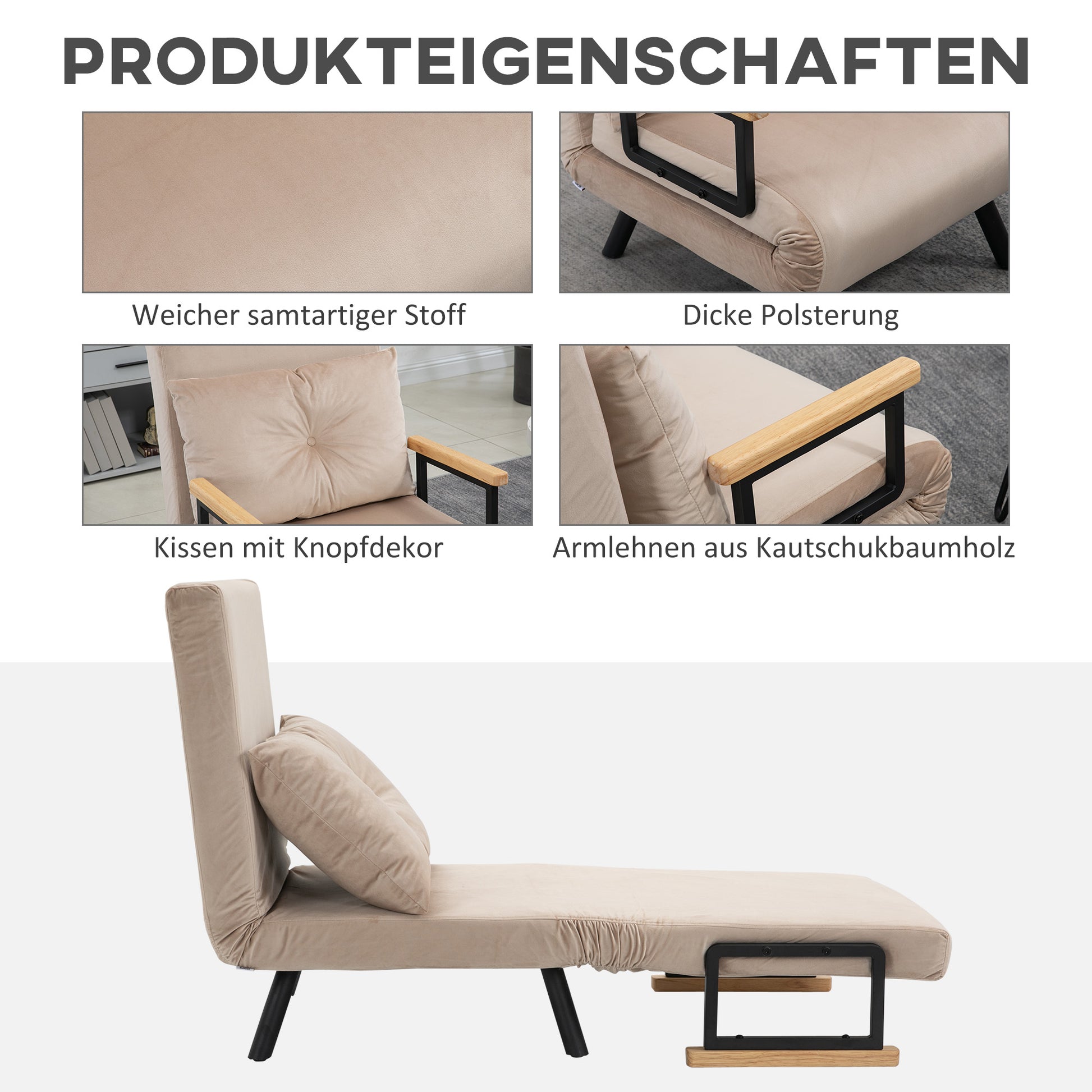 Sleeper Sofa, Folding Bed with Bed Function, Recliner with Back Cushion, Upholstered Sofa with Adjustable Backrest, Velvet Look, 63 x 73 x 81 cm, Beige