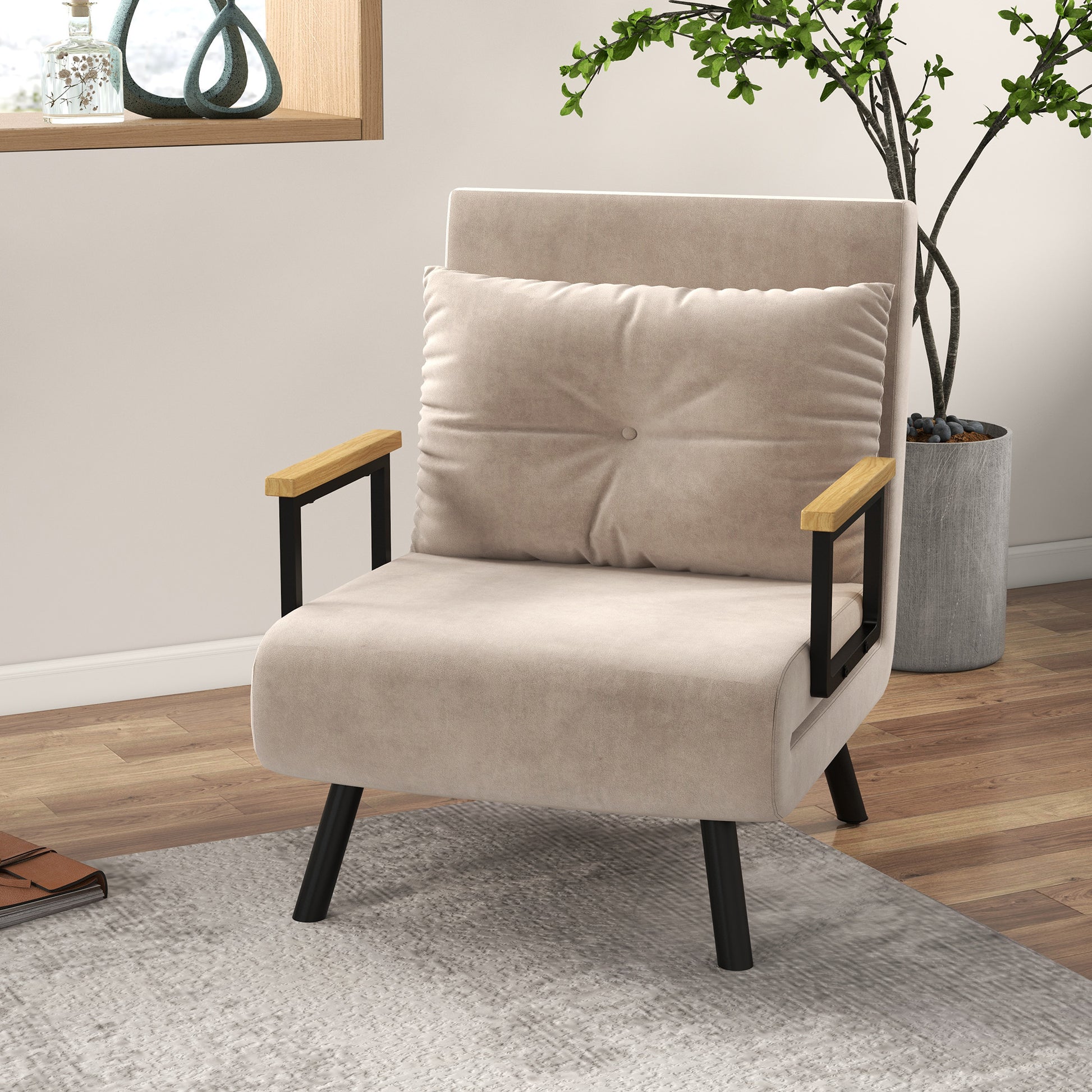 Sleeper Sofa, Folding Bed with Bed Function, Recliner with Back Cushion, Upholstered Sofa with Adjustable Backrest, Velvet Look, 63 x 73 x 81 cm, Beige