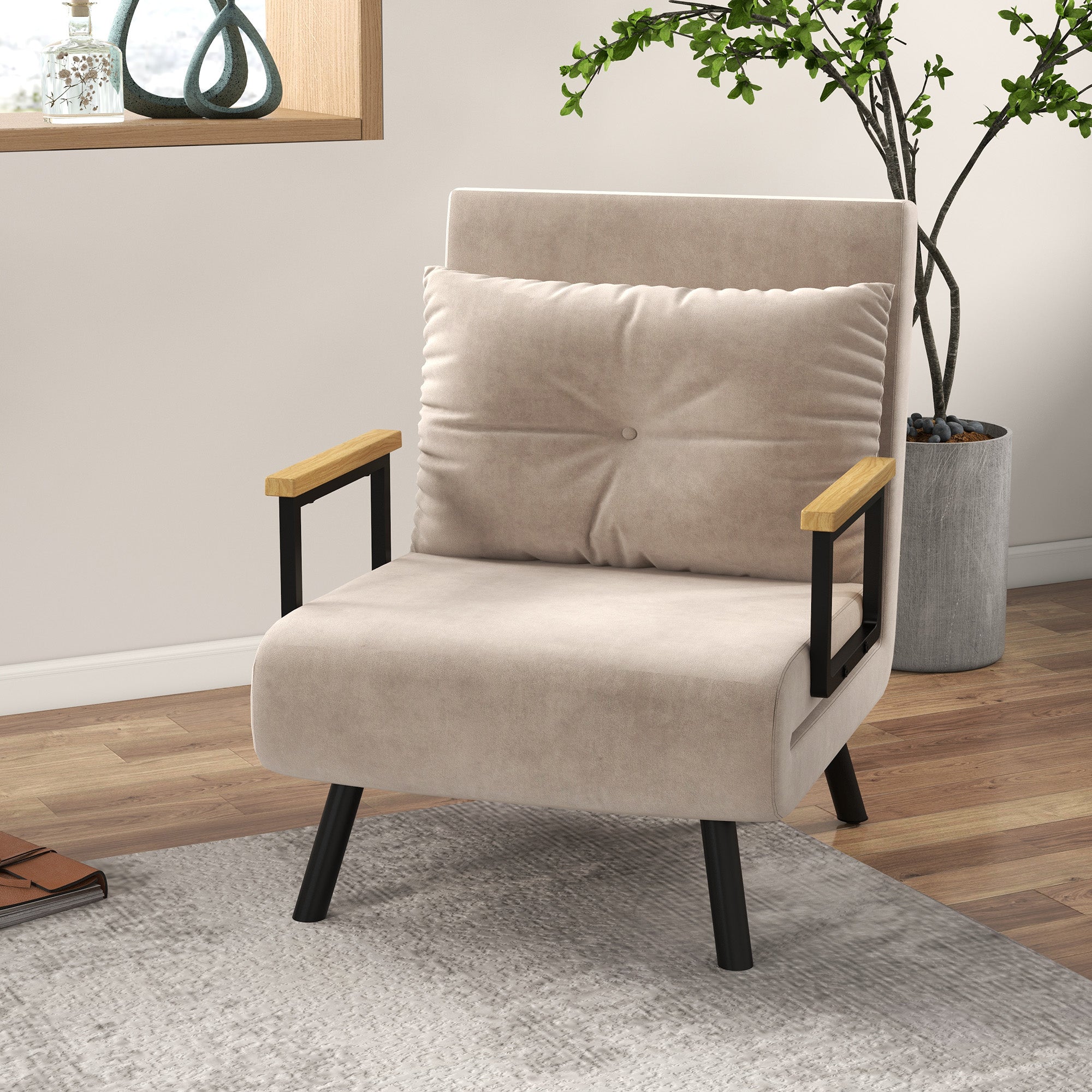 Sleeper Sofa, Folding Bed with Bed Function, Recliner with Back Cushion, Upholstered Sofa with Adjustable Backrest, Velvet Look, 63 x 73 x 81 cm, Beige
